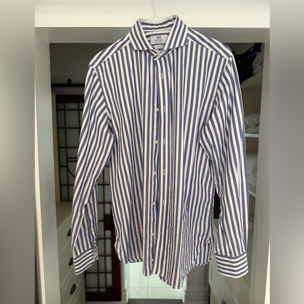 Boggi Milano - Men's Blue and White Striped Shirt - 40 (15 3/4)